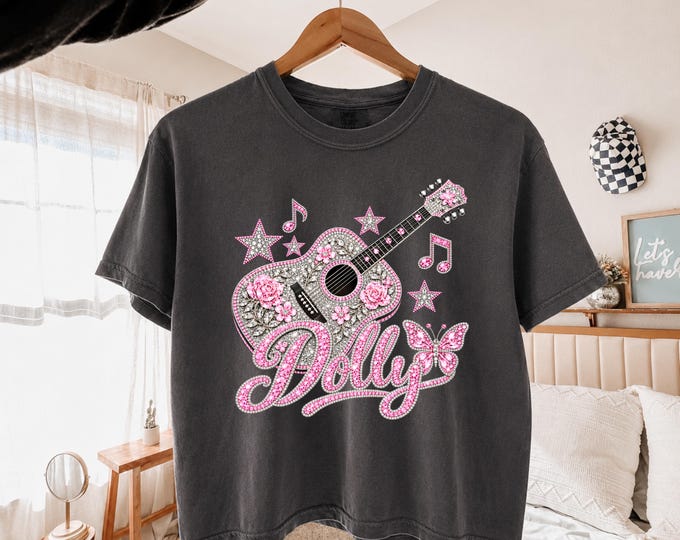 Dolly Faux Rhinestone Floral Guitar Boxy T-Shirt, Comfort Colors Country Music Tee, Pink Butterfly Western T-Shirt | Dolly Parton Tribute