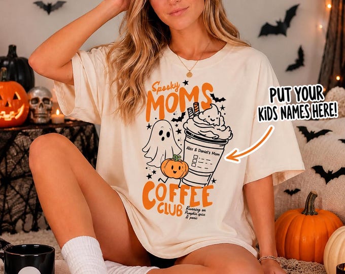 Personalized Spooky Moms Coffee Club Shirt | Custom Kids Names Halloween Tee | Mom Life Graphic | Pumpkin Spice Ghost Gift