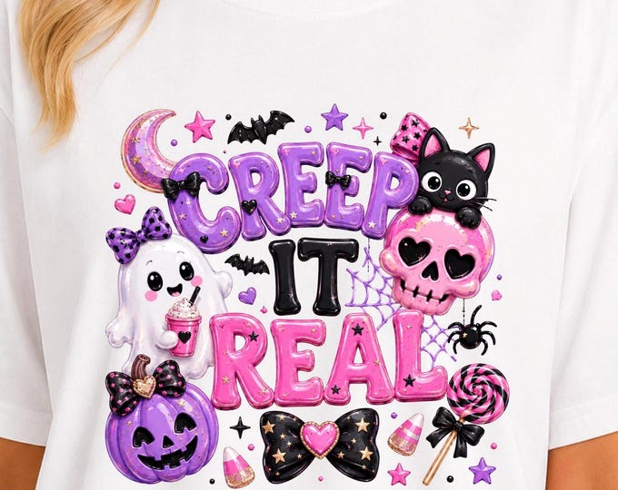 Creep It Real Shirt | Girly Halloween Tee | Pink Purple Spooky Graphic | Black Cat Ghost Skull | Coquette Fall T-Shirt