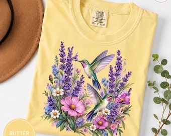 Hummingbird and Wildflower Bouquet T-Shirt | Lavender Floral Tee