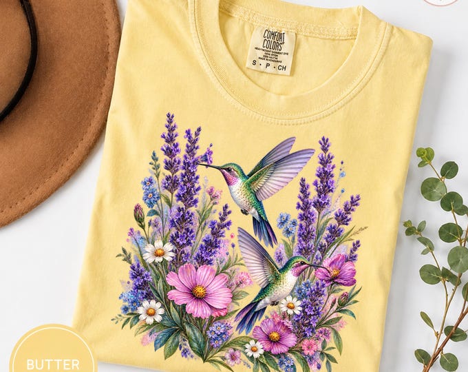 Hummingbird and Wildflower Bouquet T-Shirt | Lavender Floral Tee