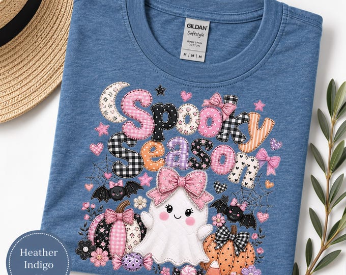 Spooky Season Shirt, Faux Patchwork Ghost Tee, Cute Fall Graphic Shirt, Coquette Pumpkin Tee, Girly Spooky Shirt, Gingham Bow T-Shirt