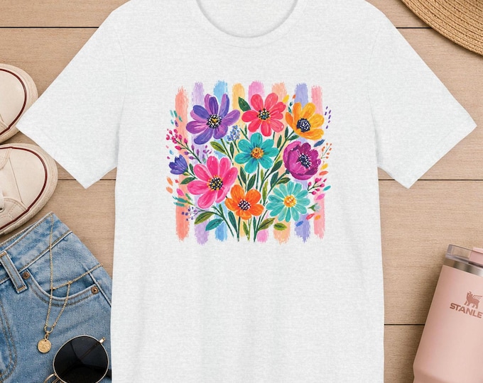 Bright Watercolor Wildflower Bouquet T-Shirt | Colorful Floral Tee | Floral Design Trendy Bella Canvas Tee