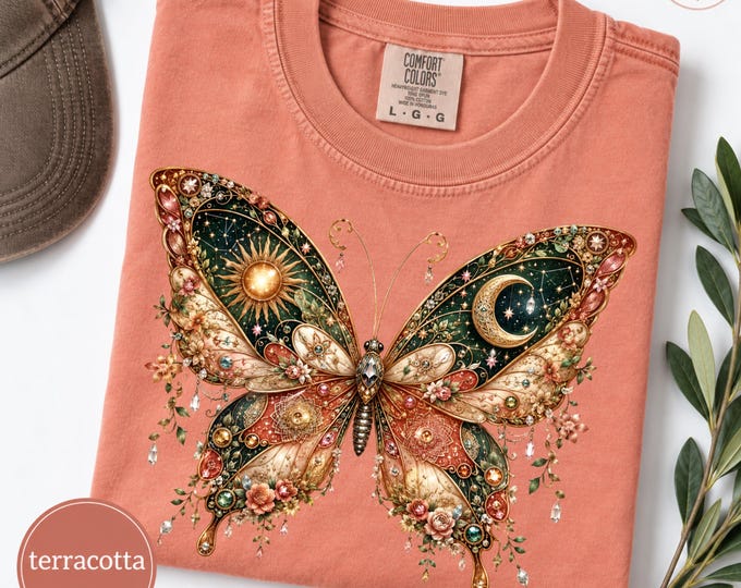 Celestial Butterfly Shirt, Boho Sun Moon Tee, Floral Insect T-Shirt, Mystical Nature Top, Cottagecore Gift for Women
