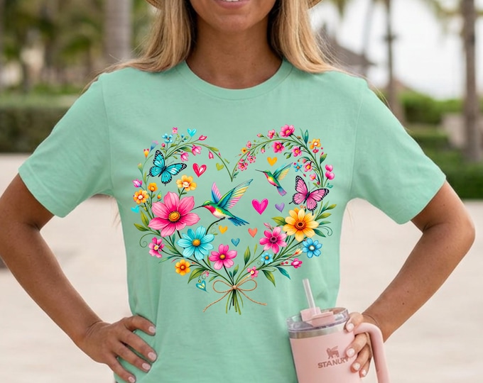 Comfort Colors Floral Hummingbird Heart Tee – Feminine Wildflower Graphic Shirt