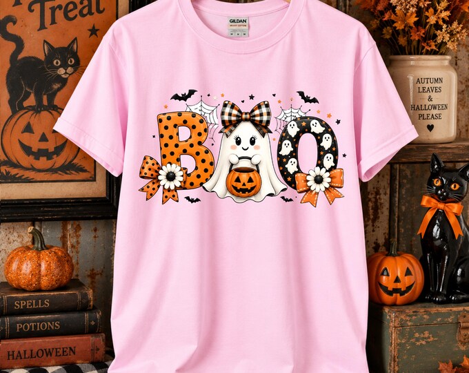 BOO Ghost Halloween T-Shirt | Pumpkin, Plaid & Floral Spooky Design