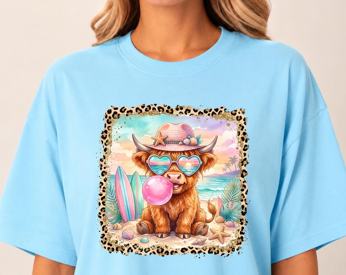 Baby Highland Cow Beach T-Shirt | Coastal Boho Vibe Tee | Feminine Graphic Tee | Beachy Vacation shirt | Trendy Tee | Coastal Cowgirl