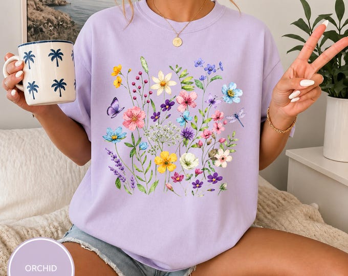 Wildflower Garden Shirt | Watercolor Botanical Tee | Boho Floral Nature Top | Butterfly Cottagecore Gift | Spring Summer Outfit