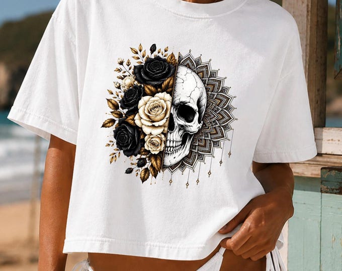 Skull Rose Boxy Tee, Gothic Floral Shirt, Mandala Skull Comfort Colors Shirt, Black Rose Boxy T Shirt, Boho Gothic Tee, Boho Hippie Top
