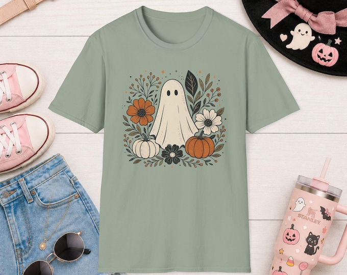 Cute Ghost with Fall Flowers T-Shirt | Halloween Pumpkin Floral Tee