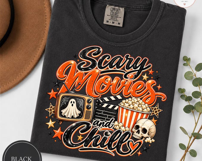 Scary Movies and Chill Shirt, Horror Movie Lover Tee, Retro Halloween Graphic, Spooky Movie Night T-Shirt, Vintage Cinema, Comfort Colors