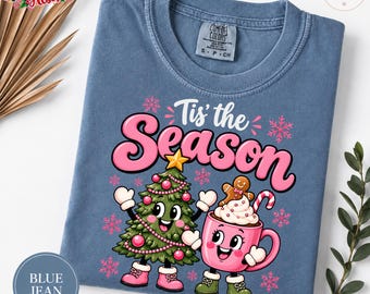 Tis’ the Season Pink Christmas Shirt | Cute Hot Cocoa Tree Graphic Tee | Matching Family Holiday Outfit (Adult & Youth Sizes)