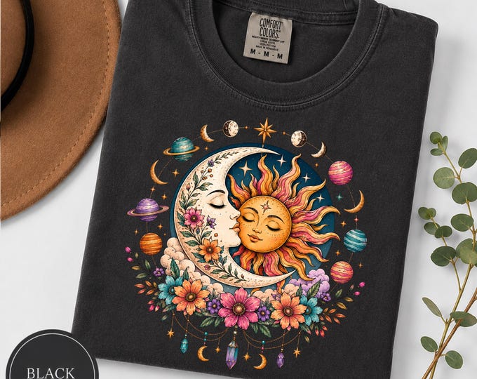 Celestial Sun Moon Comfort Colors Tee | Boho Hippie Cosmic Shirt | Mystical Astrology Floral Graphic | Retro Stars, Planets, Gem Nature Gift