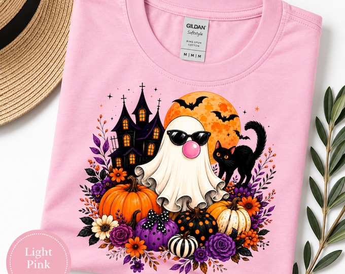 Bubblegum Ghost Halloween Shirt, Cute Ghost Black Cat Tee, Haunted House Halloween Shirt, Pumpkin Spooky Season Tee, Retro Halloween Gift