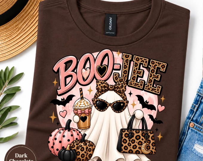 BOO-JEE Ghost Shirt, Leopard Print Halloween Tee, Pink Spooky Season Top