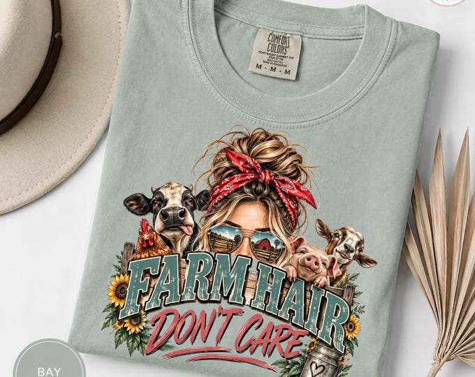 Farm Girl Hair Don't Care Tee, Cow Pig Goat Chicken Shirt, Country Charm T-Shirt