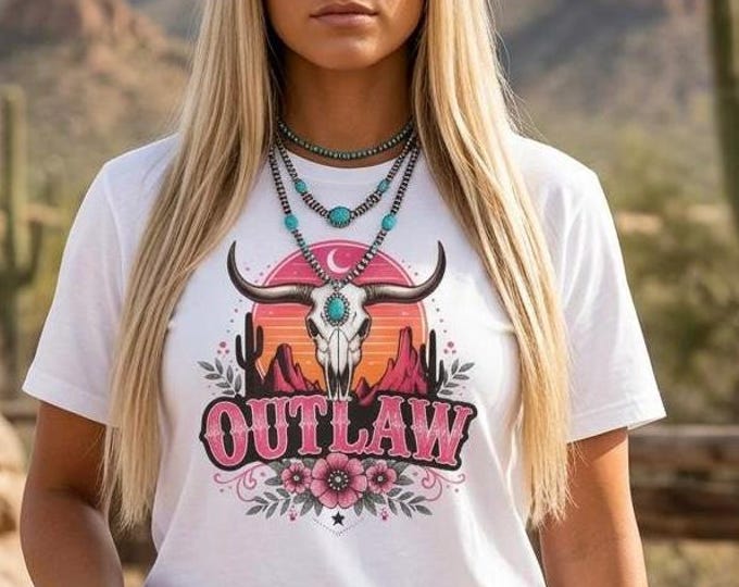 Outlaw Skull Desert Sunset T-shirt | Bull Skull, Cactus, Floral Western