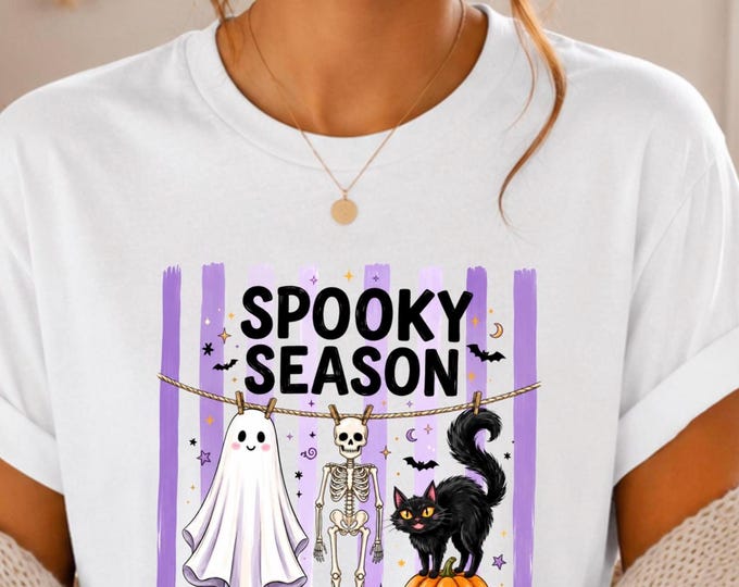 Spooky Season Ghost Skeleton Black Cat Tee, Retro Halloween Graphic Shirt