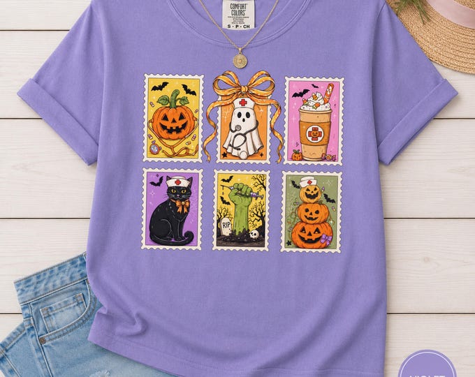 Halloween Icons Stamps Retro Vintage T-Shirt | Pumpkin Ghost, Cat, Graveyard, Coffee Panel Design
