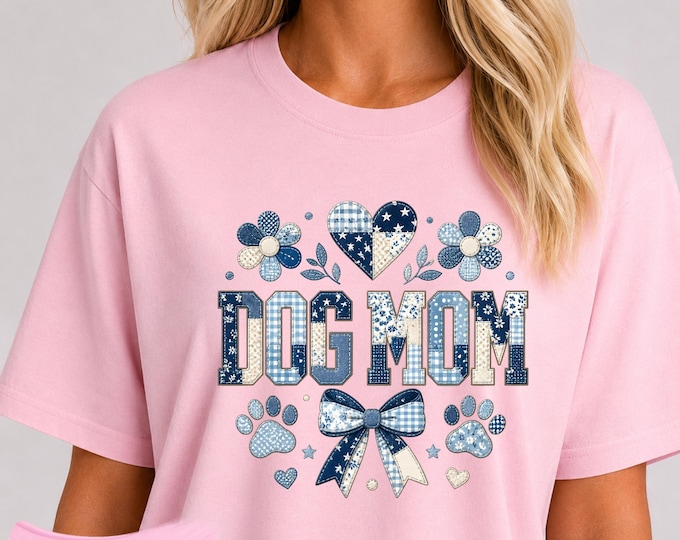 Dog Mom T-Shirt | Patchwork Floral Paw Heart Design