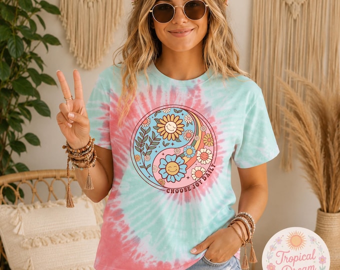 Floral Yin Yang Choose Joy Tee | Blue Tie Dye T-Shirt