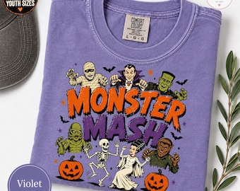 Monster Mash Halloween Shirt, Classic Horror Movie Monsters Tee, Dracula, Frankenstein, Mummy, Creature from Black Lagoon, Werewolf | Retro