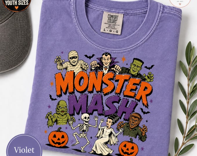 Monster Mash Halloween Shirt, Classic Horror Movie Monsters Tee, Dracula, Frankenstein, Mummy, Creature from Black Lagoon, Werewolf | Retro