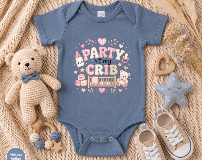 Party in My Crib Baby Boy or Girl Bodysuit | Cute Pink Teddy Bear Crib Design | Adorable Organic Natural Colors Hearts , Plaid, Polka Dots