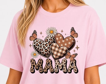 Mama Leopard Heart design T-Shirt | Floral daisies, butterflies
