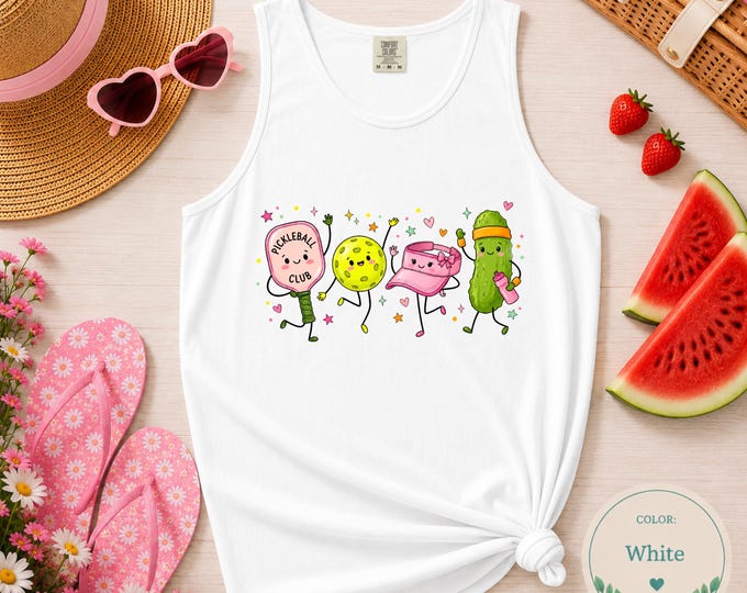 Dancing Pickle Ball Characters Tank Top | Cute Pickleball Paddle, Pickleball, Sunhat & Pickle Cartoon Design | Adorable Sports Doodle design