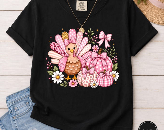 Pink Turkey Thanksgiving Shirt | Cute Coquette Thanksgiving Tee | Pink Pumpkin Fall Shirt | Girly Turkey Graphic Tee | Comfort Colors