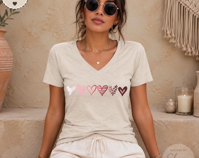 Pink & Brown Hearts V-Neck T-Shirt | Bella Canvas 6405 | Cute Boho Heart Graphic Tee | Women's Valentine's Day Shirt | Minimalist Love Tee
