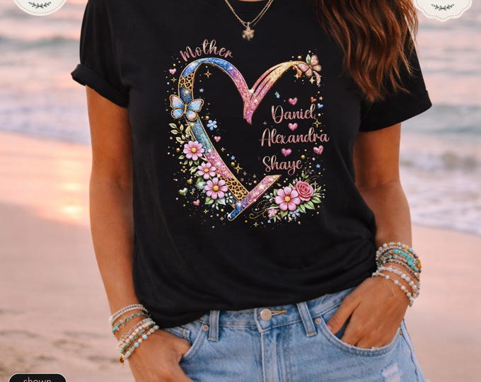 Personalized Mother Floral Heart T-Shirt – Custom Kids Names, Butterfly Glitter Tee