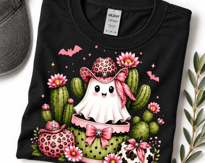 Western Halloween Shirt, Cowgirl Ghost Tee, Pink Leopard Pumpkin Top, Cactus Graphic T-Shirt, Preppy Spooky Season, Coquette Fall Gift