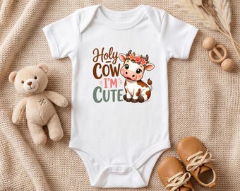 Holy Cow I'm Cute Infant Bodysuit | Baby Cow Graphic Onesie | Unisex color Natural Organic Style Baby Onesie | Baby Shower Gift | Baby Gift