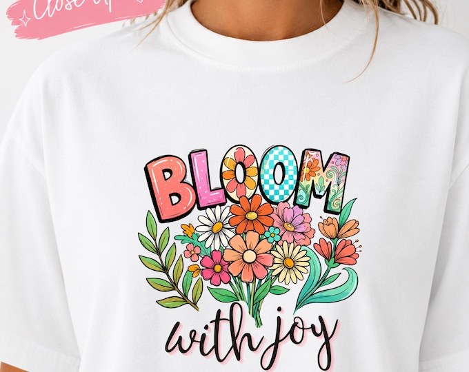 Bloom with Joy Boxy Tee, Floral Inspirational Shirt, Cute Flower Graphic Tee, Women's Cropped Boxy T-Shirt, Positive Quote Shirt, Comfy Tee
