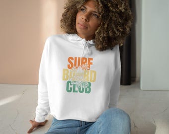 Lane Seven Surf Board Club Kurz Hoodie | Vintage Strand Surfende Grafik | Perfekter Urlaub Hoodie | Gemütliches Crop Sweatshirt