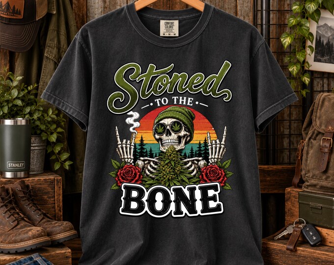 Stoned to the Bone Skull Sunset T-shirt | Vintage Skeleton Cannabis Design