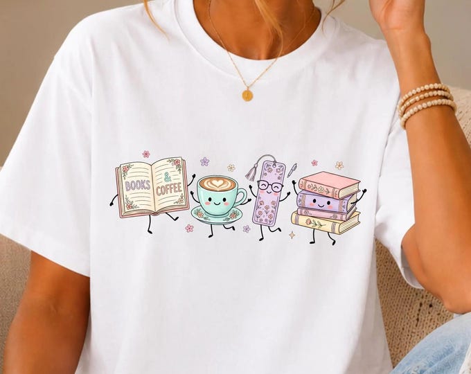 Kawaii Book Stack with Tea Illustration T-shirt | Bookish Reading Shirt