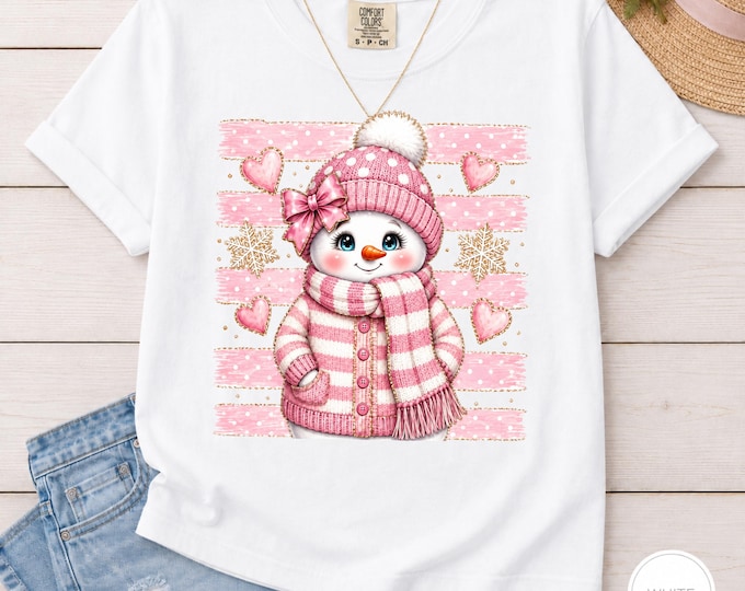 Pink Snowman Shirt | Coquette Christmas Tee | Girly Winter Graphic | Bow Holiday T-Shirt | Comfort Colors Seasonal Gift