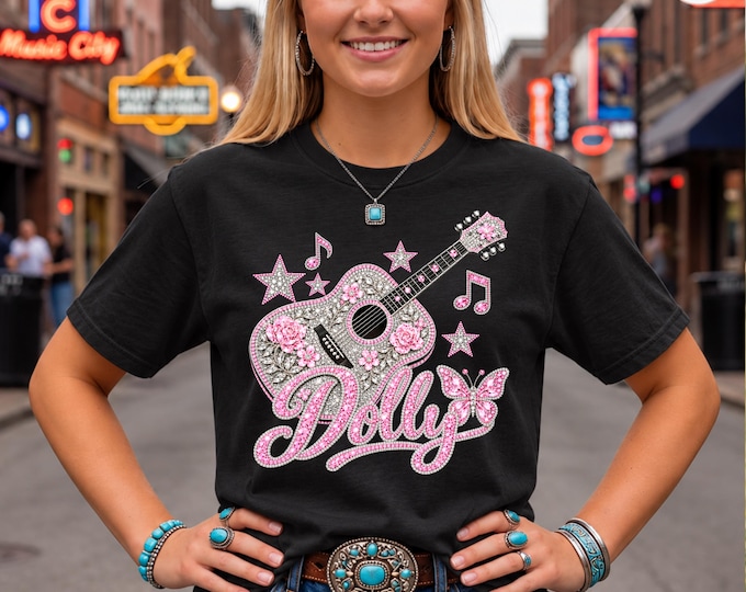 Dolly Faux Rhinestone Guitar Shirt, Comfort Colors Country Music Tee, Pink Butterfly Western T-Shirt | Dolly Parton Tribute Gift