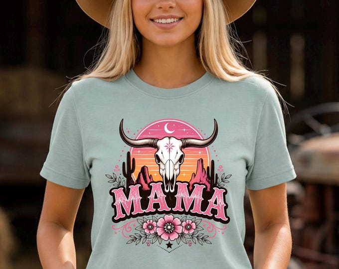 Bella & Canvas Western MAMA Floral Cow Skull MAMA Tee | Floral Sunset Graphic T-Shirt | Southwest Cactus Floral Comfy Women's Tshirt