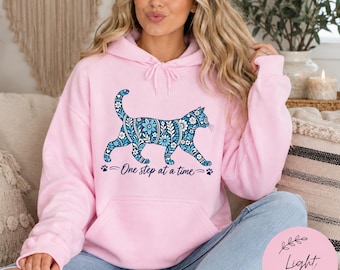 One Step at a Time Floral Cat Hoodie, Inspirational Kitty Sweatshirt, Boho Cat Lover Gift, Botanical Feline Pullover, Positive Quote Hoodie