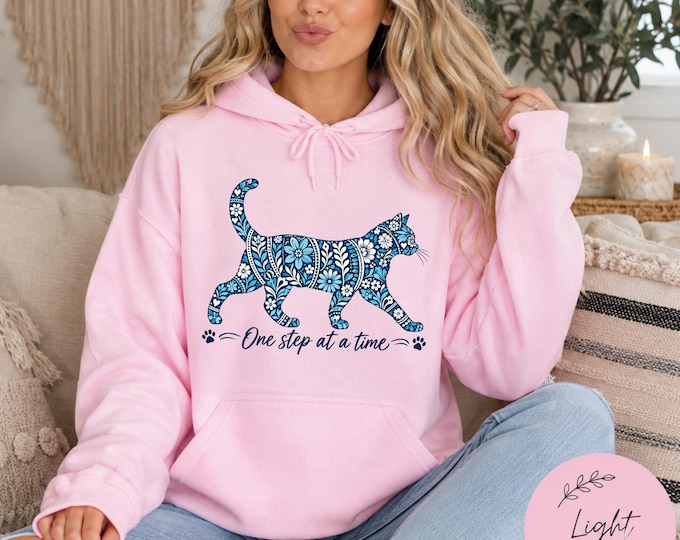 One Step at a Time Floral Cat Hoodie, Inspirational Kitty Sweatshirt, Boho Cat Lover Gift, Botanical Feline Pullover, Positive Quote Hoodie