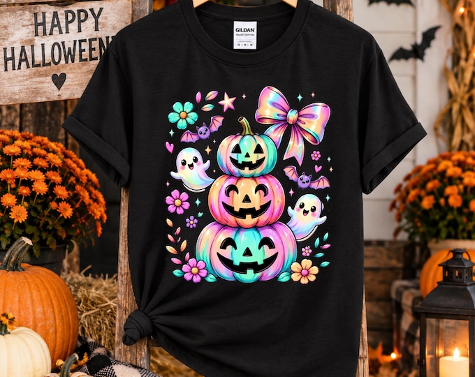 Kawaii Rainbow Pumpkin Stack T-Shirt | Cute Ghosts, Bats & Bow Halloween Tee