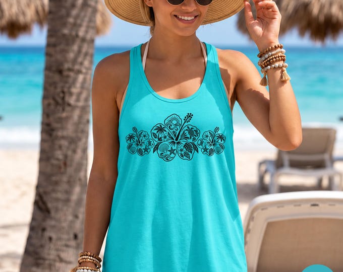 Hibiscus Racerback Tank Top, Hawaiin Tropical Flower Design, Beach, Shells, Palm Trees Coastal Vacation Shirt