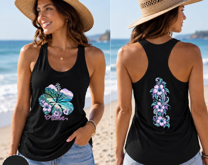 Aloha Hawaiian Hibiscus Racerback Tank Top, Front & Back Print, Tropical Beach Vacation Shirt, Polynesian Floral Design, Next Level Womens