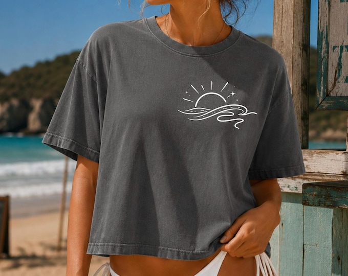 Minimalist Beach Shirt, Comfort Colors Boxy Tee, Sun and Wave Shirt, Coastal Graphic Tee, Beach Lover Gift, Summer Vacation Shirt