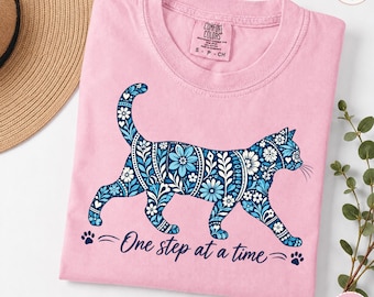 One Step at a Time Floral Cat Tee, Inspirational Kitty t-shirt, Boho Cat Lover Gift, Botanical Feline Top, Positive Quote Shirt