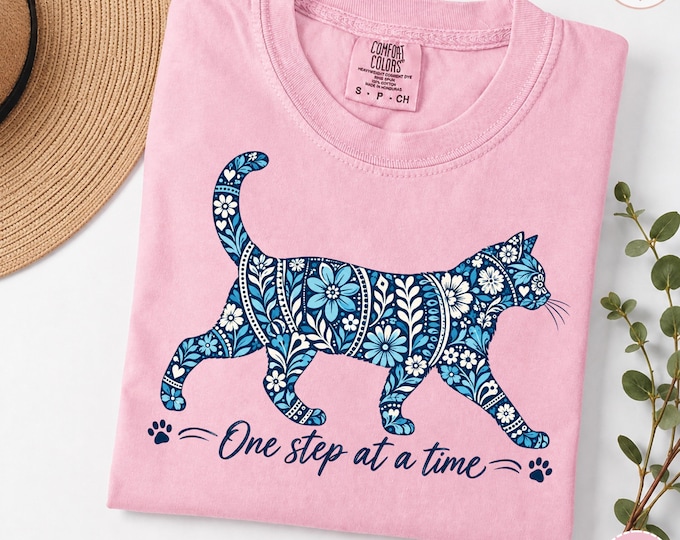 One Step at a Time Floral Cat Tee, Inspirational Kitty t-shirt, Boho Cat Lover Gift, Botanical Feline Top, Positive Quote Shirt